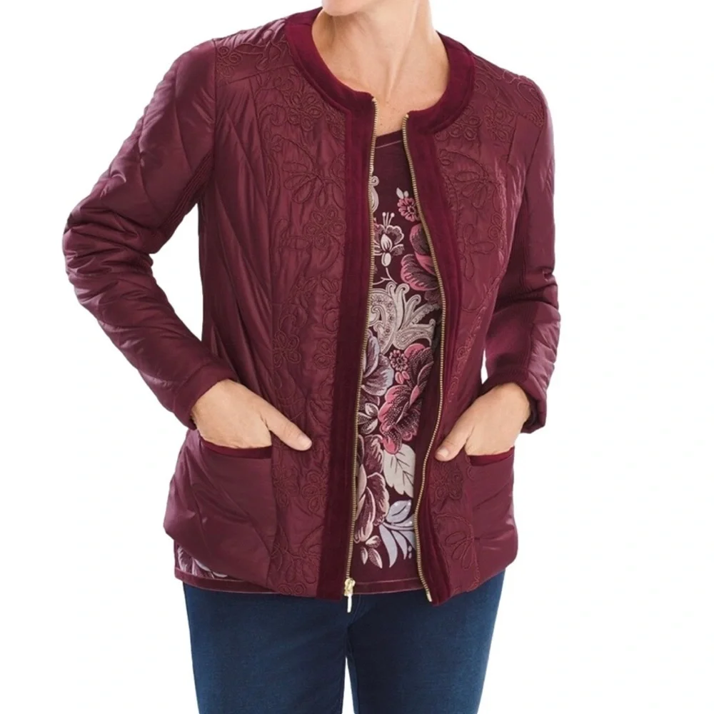 Chico's Zenergy Velvet Trim Jacket Size 0 Long Sleeve Zipper Front Open Front - Picture 1 of 11